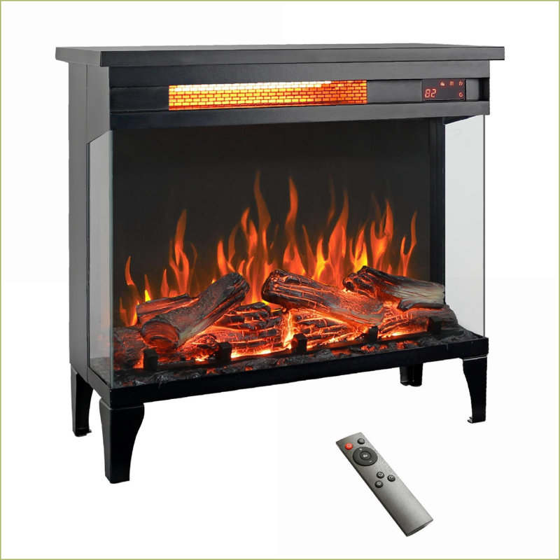 Indoor Electric Fireplace, 24-Inch Modern Three-Sided Glass | Freestanding | Tempered Glass+Sheet Metal, Black