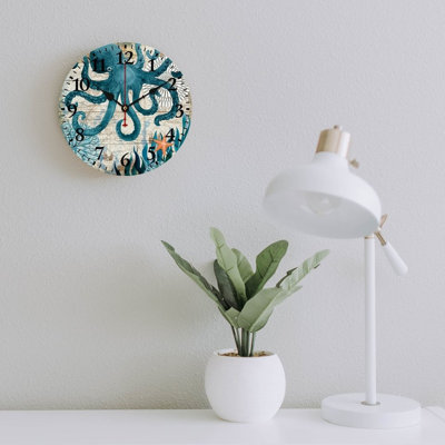 Teal Octopus Map Decorative Wall Clock, 12" X 12"