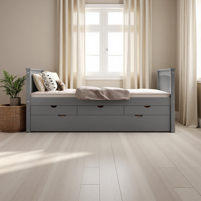 Twin Platform Bed With Drawers And Trundle, Solid Wood Daybed, No Spring Box Needed, Gray
