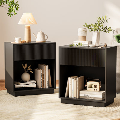 Fluted Nightstands Set Of 2, Modern Mid - Century  Bedside Table With Drawer & Open Storage Shelf, End Table For Bedroom, Living Room, Office, Sofa Side Couch  (White+Oak)