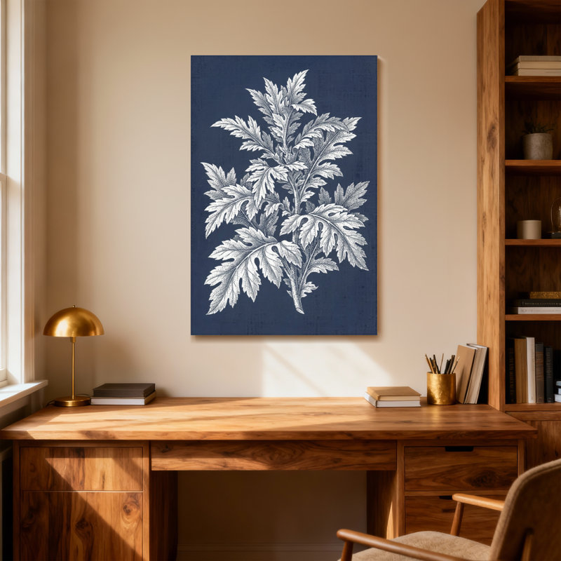 Plantes et fleurs, motif de feuilles botaniques sur fond bleu marine, H 18 po x l 12 po
