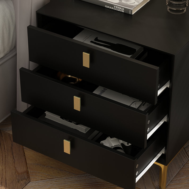 3 - Drawer Nightstand With Metal Legs, Black