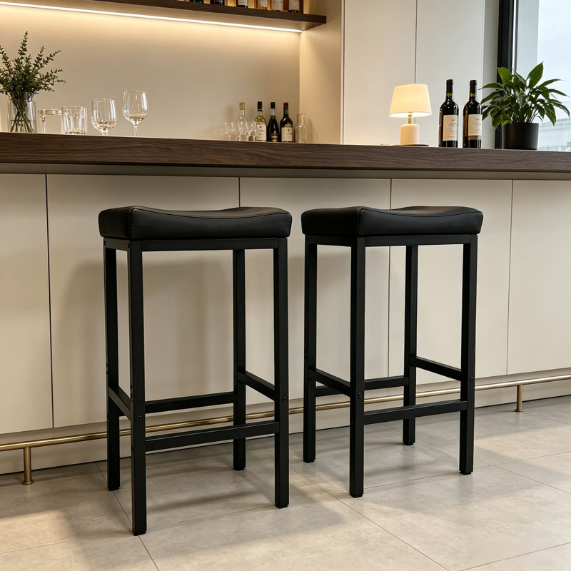 Ensemble de 2 tabourets de bar de 30 po avec siège en cuir synthétique pour îlot de cuisine, structure en métal moderne pour bars résidentiels (noir)
