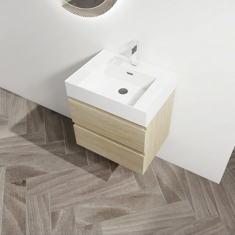 Meuble-lavabo mural 24 po avec lavabo en résine, 2 tiroirs à fermeture en douceur, ensemble Kd, Résine / chêne clair, 24"