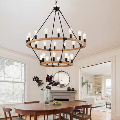 Wood Wagon Wheel Chandelier 2 Tiers 24-light Large Farmhouse Chandelier, Round Rustic Lighting, Farmhouse Light Fixtures For High Ceilings Dining Room, Bulbs Not Included