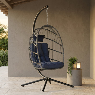Ecolounge Modern Foldable PE Rattan & Fabric Egg Swing Chair with Stand, 350lb Capacity – Indoor/Outdoor Hanging Chair