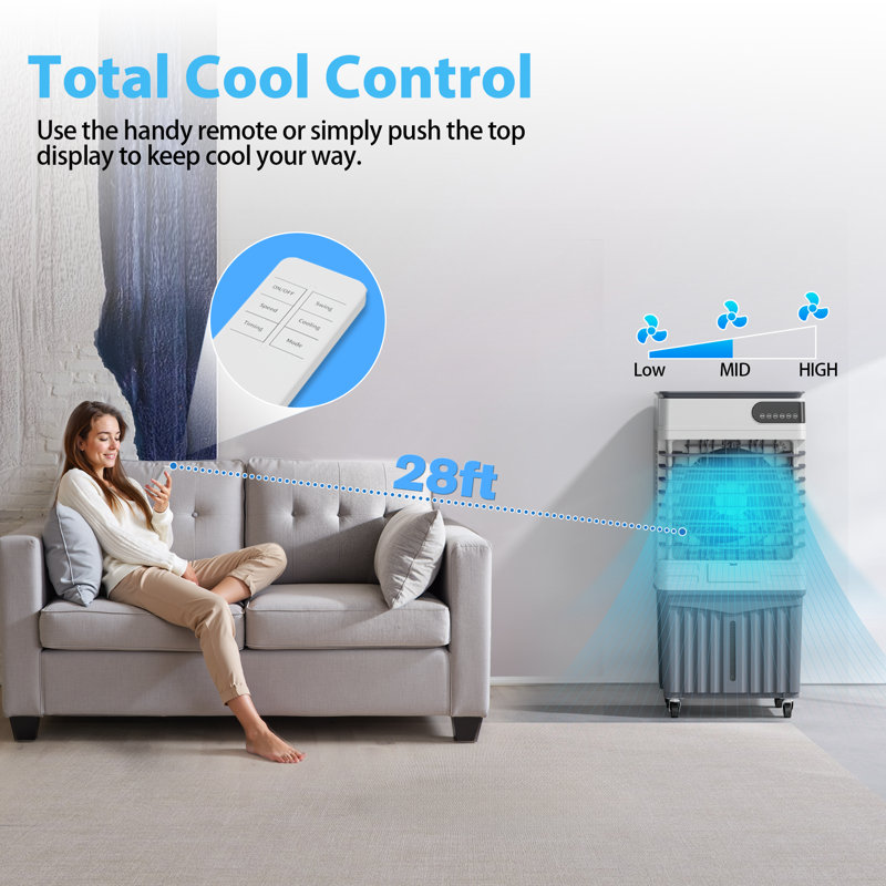 110CM Evaporative Cooler With 12-Hour Auto Shut-Off Timer, 4 Ice Packs, 3-Speed Windowless Air Conditioning, Smart Remote Control, Dual Water Tanks, Quiet Operation