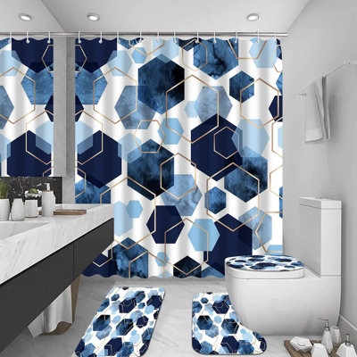 Blue Hexagon Gold Shower Curtain Sets 4-Piece Non-Slip Bath Mat Kit