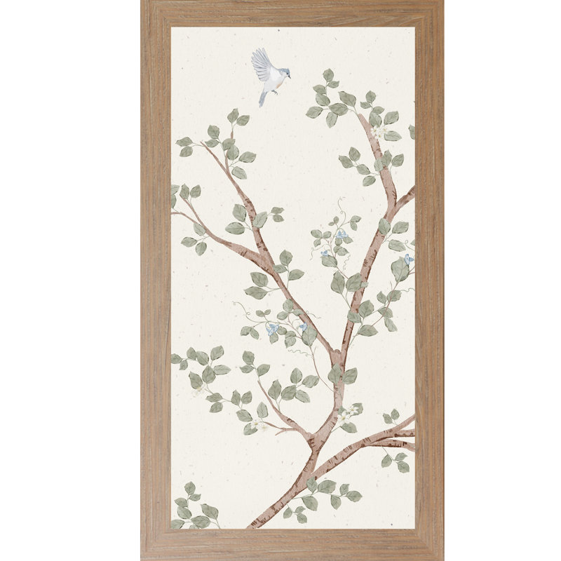 Art mural de branche de merle chinois chinois - panneau de gauche aquarelle avec feuilles vert tendre # 1