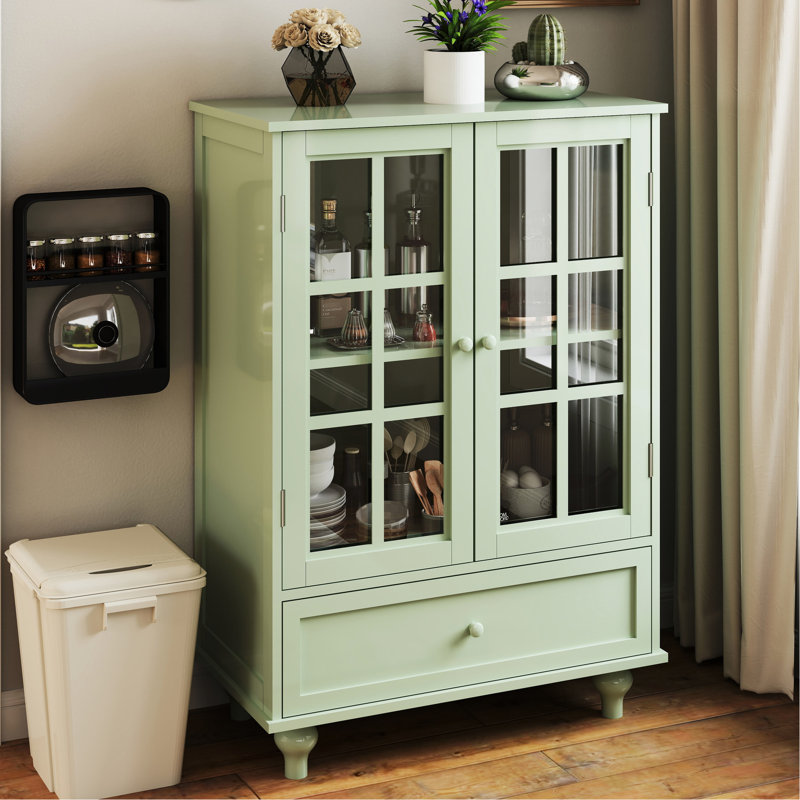 Kitchen Cabinet With Double Glass Doors And Drawer. Construction, Solid Wood Leg Support, Tempered Windows. Adjustable Shelf Configuration, Functional Drawer Storage. 28''d×15''w×38''h, 48.4 Lbs