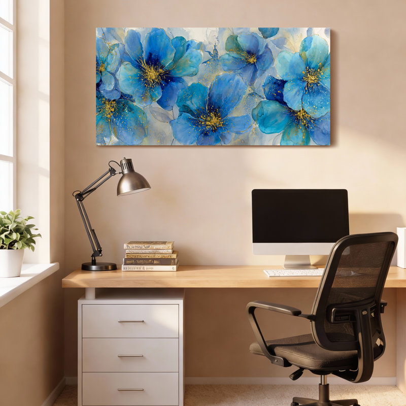 Ensemble de 1 tableau mural aquarelle florale bleue, H 28 po x l 58 po