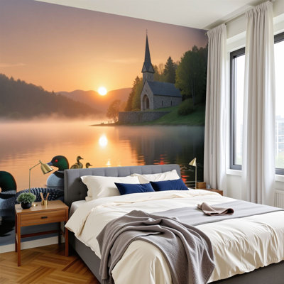 Papier peint auto-adhésif Peaceful Lake Sunrise Loons Misty Forest Landscape