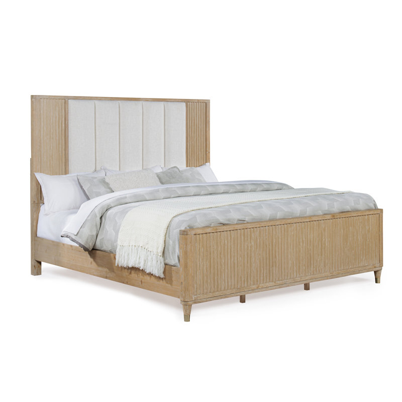 Stylish Paneled High Headboard with Textured Accents, Clean Lines, and Natural Finish, 1pc Queen Size Bed in Brown and White