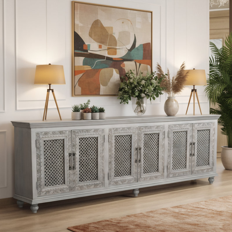 6-door Carved Solid Wood Sideboard, Gray