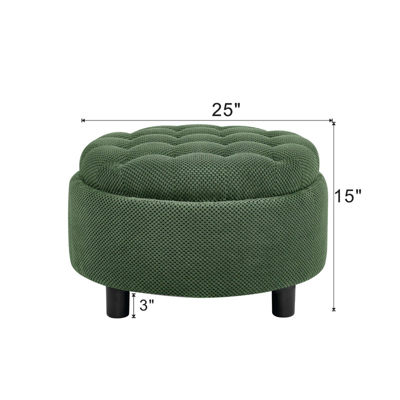 Repose-pieds de rangement rond de 25 pouces avec plateau en bois amovible, conception moderne en tissu capitonné pour l'organisation du salon ou de la chambre à coucher et des sièges.