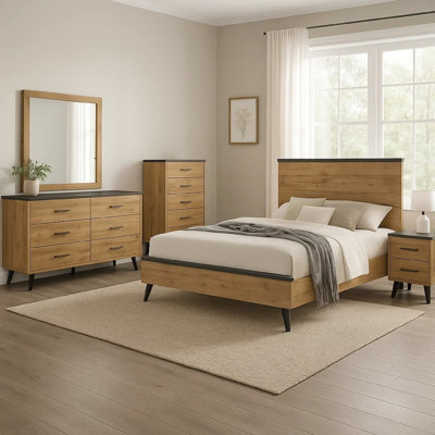 Wemy 5 Piece Queen Size Bed Set, Rustic Brown Pine Wood, Tapered Legs