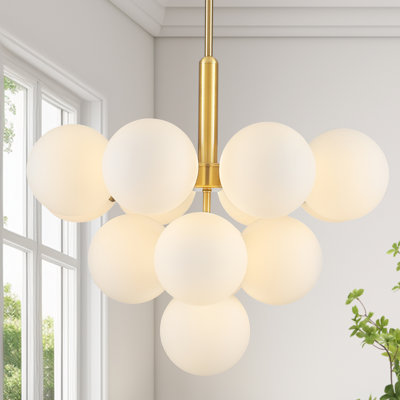 George Oliver 13-Light Dimmable Modern Brass Atomic Tiered Cluster Chandelier, Opal Glass Globe Bubble Shade for Mid-Century Bedroom