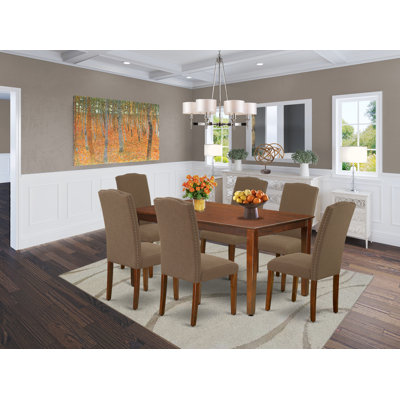 7 Piece Dining Room Table Set Consist of a Rectangle Kitchen Table and 6 Dark Coffee Linen Fabric Parsons Dining Chairs, Mahogany