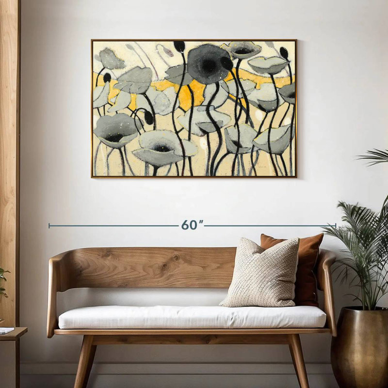 Fleur de jour de neige gris, Cadre flottant doré, 43 po x 29 po