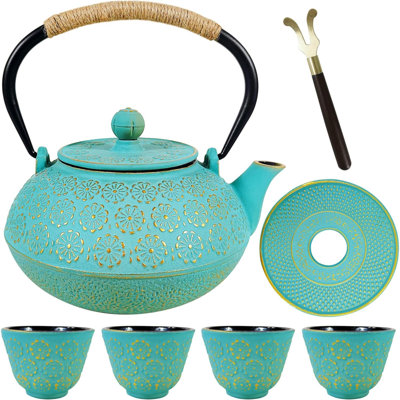 Service à thé japonais, théière en fonte pour cuisinière, théière avec infuseurs pour thé en vrac, bouilloire avec 4 tasses, levier et capuchon, théière à motif floral, enduit de 32 onces d'intérieur émaillé (900 ml)