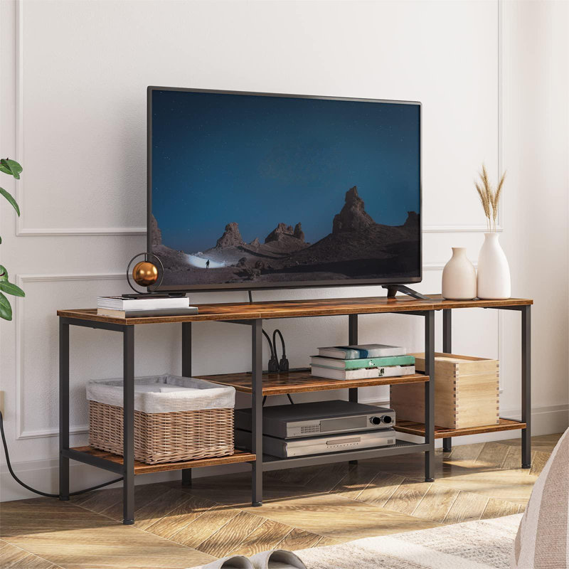 TV Stand With Power Outlets To 55 Inches, TV Console Table With Open Storage Shelves,Rustic Brown + Black