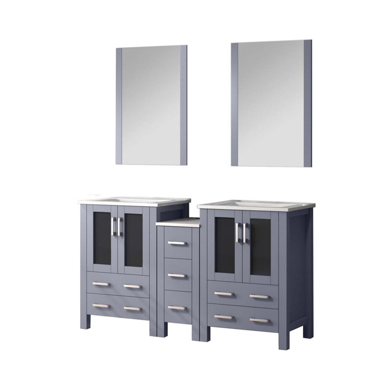 Meuble-lavabo double avec armoire latérale, comptoir en céramique blanche et miroirs