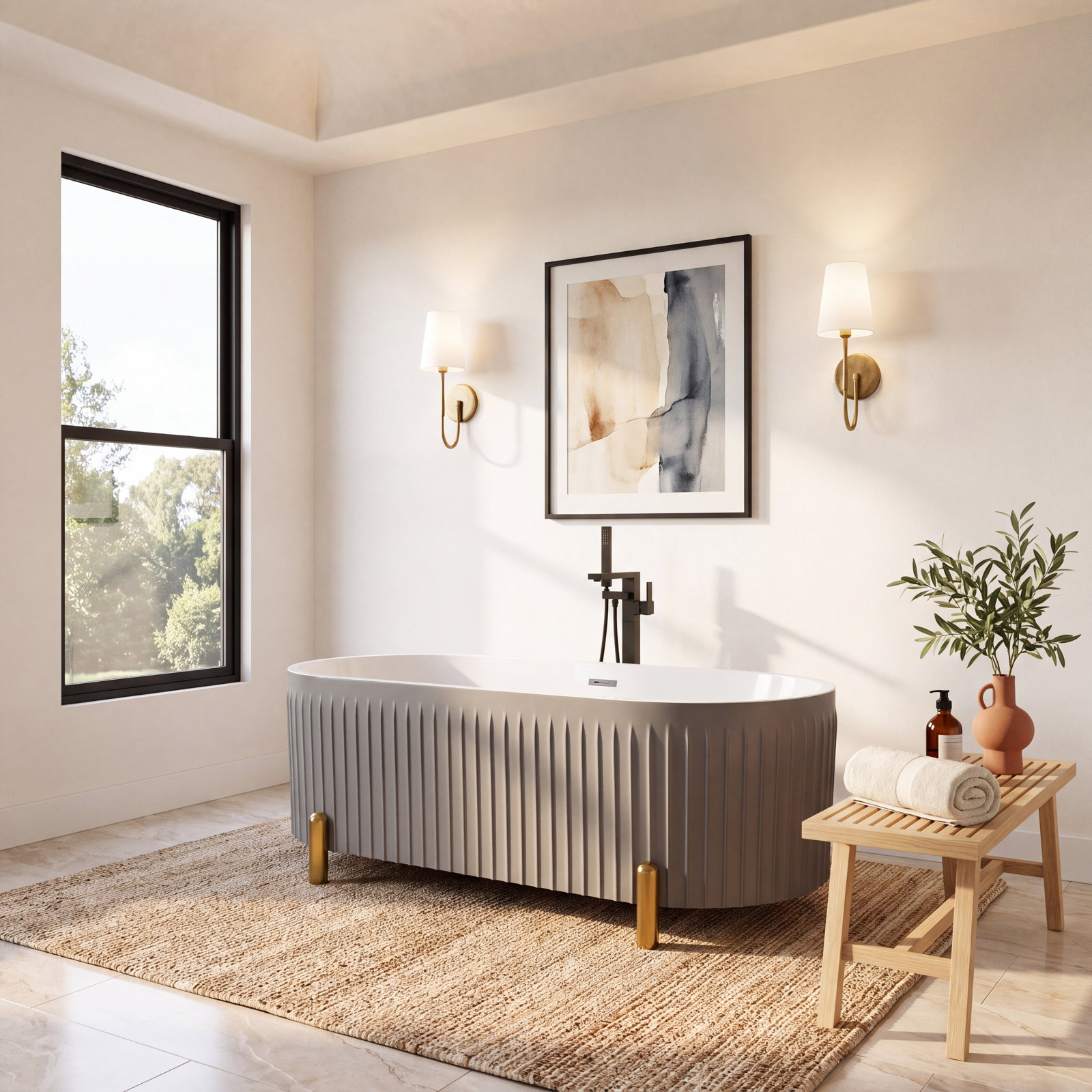 Colour 67" Fluted Freestanding Soaking Bathtub, Gray