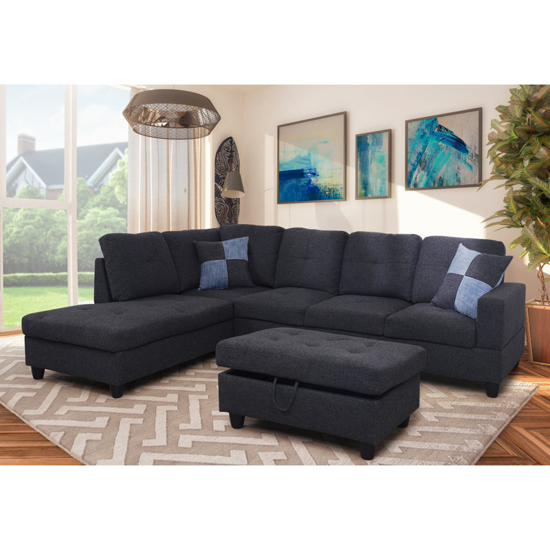 Aiddan 103" Wide Left Hand Facing Sofa & Chaise with Ottoman, Right Hand Facing, Gray Microfiber/Linen Blend