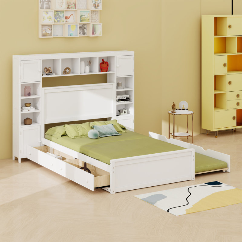 Lit en bois avec armoire tout-en-un, tablette et prises, lit gigogne, Blanc, Grand