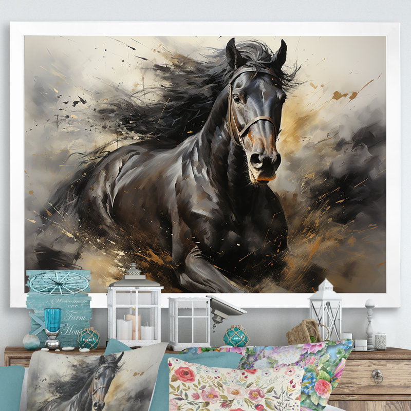 Étalon noir en mouvement I - cheval, art mural, H 34 po x l 44 po x P 1,5 po, Cadre simple blanc