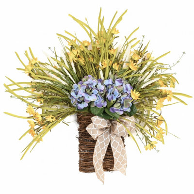 24" Artificial Spring Summer Greenery Grass Hydrangea Daisy Floral Wreath Front Door Swag With Woven Wicker Basket And Decorative Bow