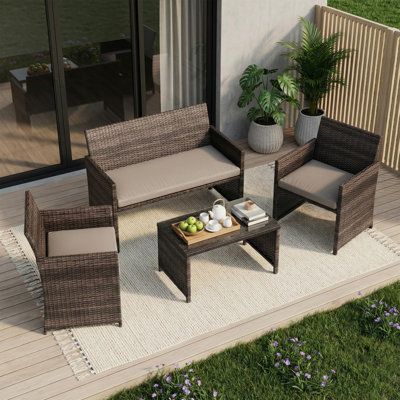 Ensemble de conversation d'extérieur en rotin 4 pièces avec coussins et table en verre trempé PE - Mobilier de patio en osier résistant aux intempéries
