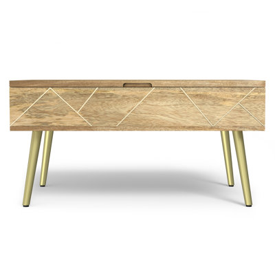 Table basse contemporaine à dessus relevable en bois de manguier massif l 36 po avec rangement caché et incrustation géométrique en laiton Jager