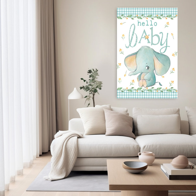 Hello Baby Elephant Blue Whimsical Contemporary Elephant Wall Art Print, 152.4cm H x 101.6cm W