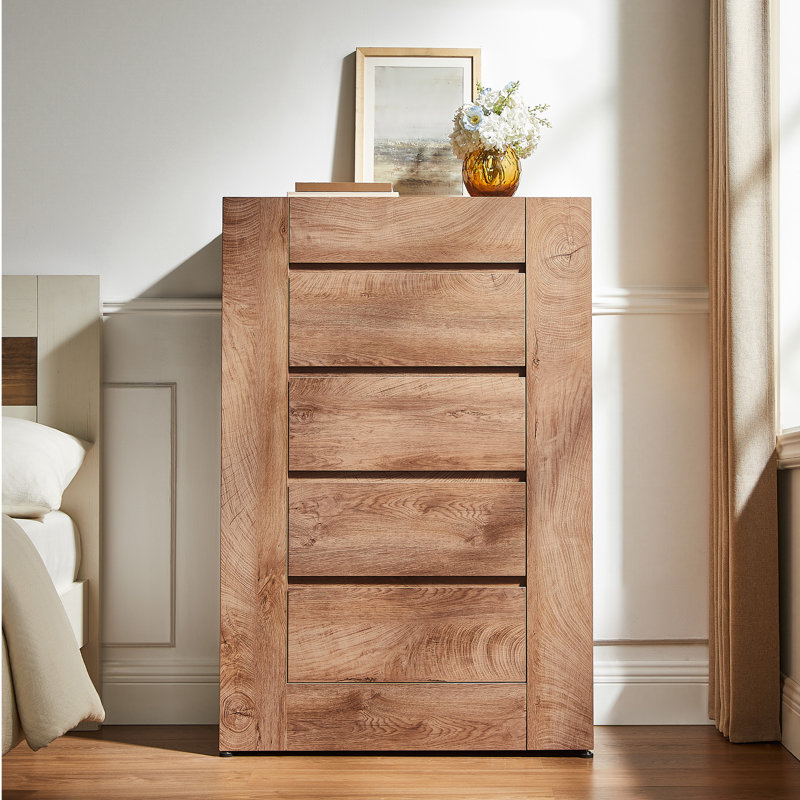 Commode 5 tiroirs, commode moderne sans poignée, Light Knotty Wood