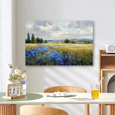 «Blue Wildflower Meadow Vintage Landscape», reproduction d'art sur toile tendue avec grande galerie pour le salon et la chambre à coucher