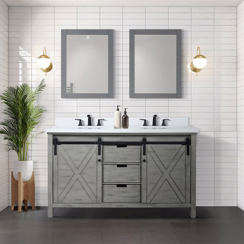 Meuble-lavabo double 60 po X P 22 po D, avec comptoir en marbre de culture, Gris