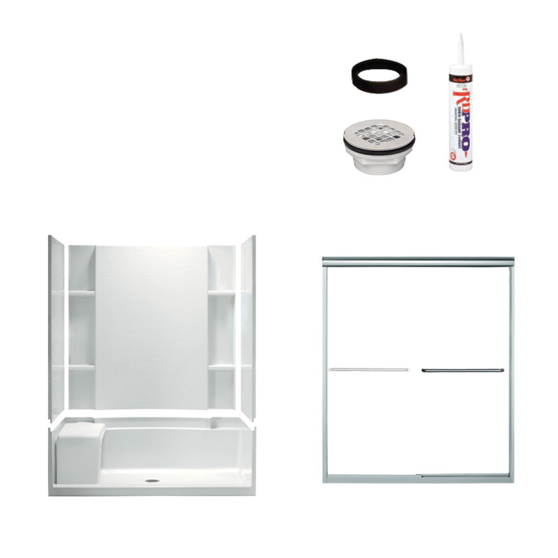 Cabine de douche rectangulaire coulissante encadrée avec siège et base Accord de l 60 po x H 74,5 po Accord, Chrome / Blanc