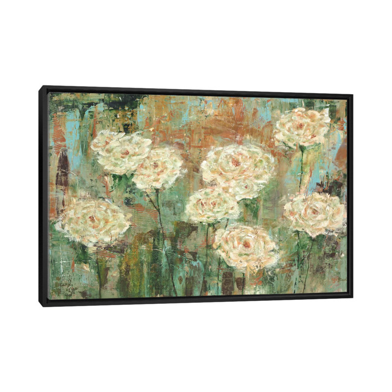 «White Roses», reproduction sur toile, H 18 po x l 26 po x P 1,5 po, Toile avec cadre noir, Pas de tapis