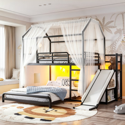 Lit superposé double en métal avec glissière, bande lumineuse et tablettes