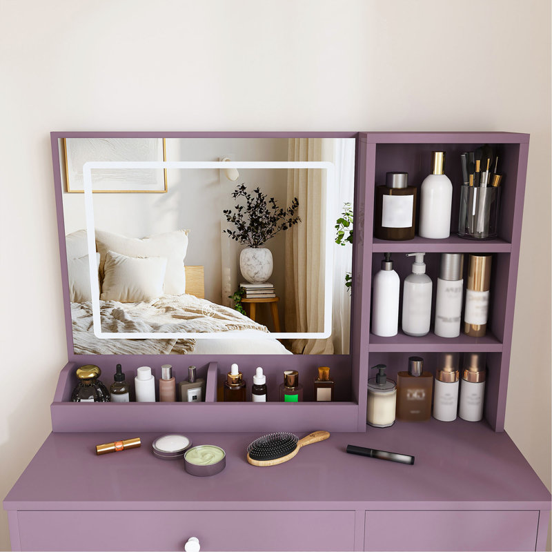 Ensemble de coiffeuse élégant avec tabouret rembourré et miroir lumineux à DEL réglable (3 modes de couleur), ensemble de coiffeuse de maquillage de chambre à coucher moderne