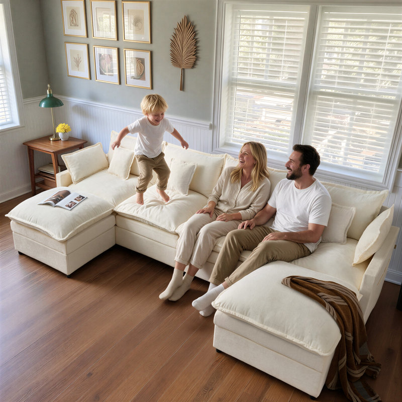 Canapé modulaire en forme de L avec 2 repose-pieds Luxury, Blanc / Blanc