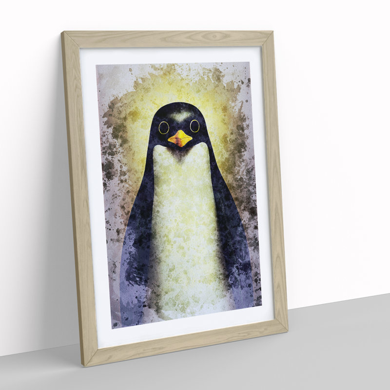 Watchful Penguin - Single Picture Frame Print, 34cm H x 25cm W x 2cm D, Oak Framed