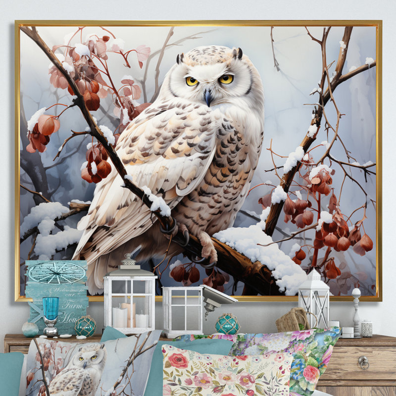 «Snowy Owl Winter III - Winter Landscape», reproduction sur toile encadrée, H 16 po x l 32 po x P 1 po, Cadre flottant doré