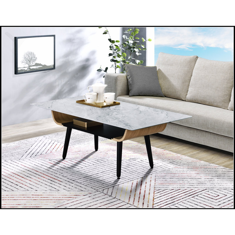 Table basse Landon de 47 pouces avec texture marbre gris verre et design en bois cintré pour une élégance moderne, Gris