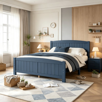 Solid Pine Platform Bed with Headboard and Footboard, Farmhouse Bed Frame No Box Spring Needed for Apartment, Queen Size, Blue
