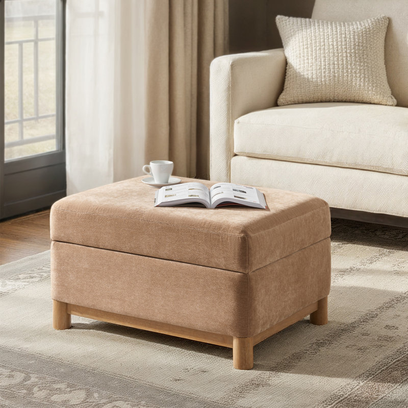 Repose-pieds avec rangement en chenille Elan Modern l 30,25 po avec pieds en bois massif, Chameau
