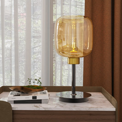 Industrial Bedside Table Lamp Amber-Tinted Glass Lampshade Desk Reading Light