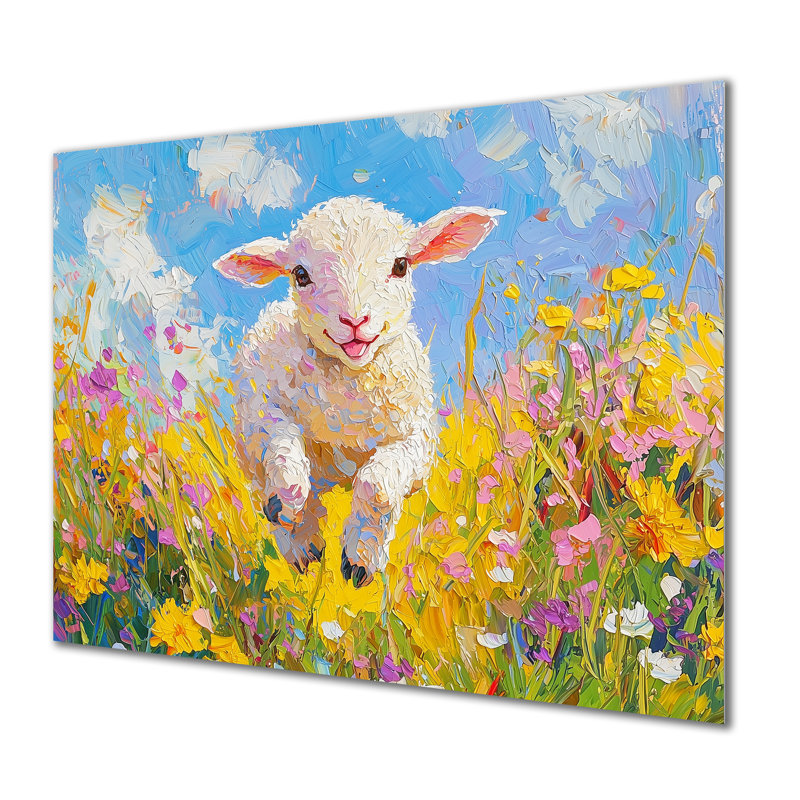 Adorable agneau de printemps s'amusant à la grange - reproduction d'art moderne en métal, décoration murale en métal mouton