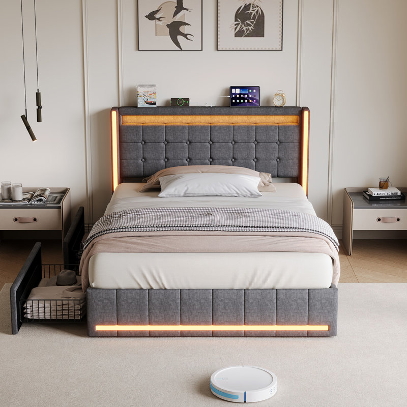 Upholstered Storage Bed with LED Headboard and Drawers, Double (4'6), Grey